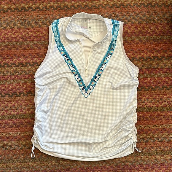 LUCKY IN LOVE ATHLETIC PICKLE BALL TENNIS GOLF RUCHED SIDE GRID PRINT TANK - Picture 1 of 5